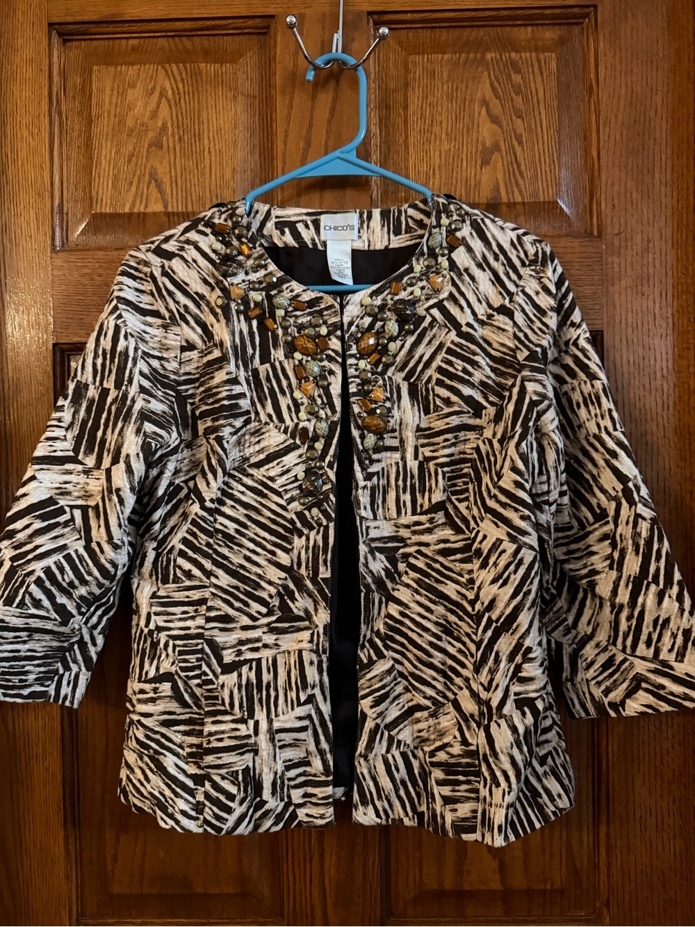 Chico’s Size 0 Brown & Tan Jacket Jewel Lined Neck 3/4 Sleeves